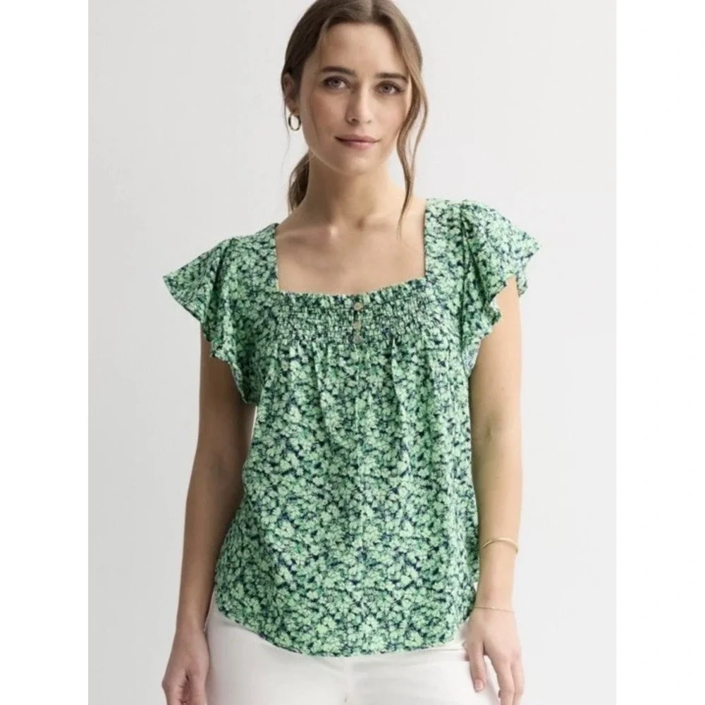 Draper James Top Size S Flutter Sleeve Square Neck Floral Green‎ Navy NEW - Picture 2 of 9